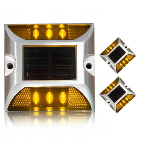 Solar Reflective Road Lights Aluminum Solar Powered Reflector Double Sided Waterproof Outdoor Sidewalk Sign LED Pathway Lights Identification for Garden Highway (2 Pack) (Yellow)