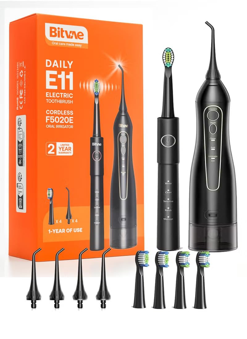 Water Flosser Electric Toothbrush Combo, Rechargeable Cordless Waterproof, 5 Selectable Modes and 4 Heads Whitening Toothbrush, 3 Modes and 4 Nozzles Oral Irrigator Black for Travel || E11+F5020E-BLK