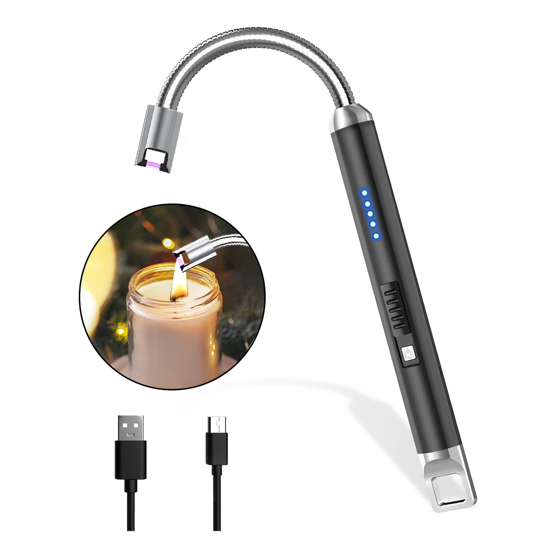 Rouclo Arc Lighter, USB Lighter, Rechargeable Electric Lighter, Stick Lighter, Windproof Flameless Candle Lighter, Electronic Lighter for Candles Lighting, Gas Stove, Kitchen (Black)