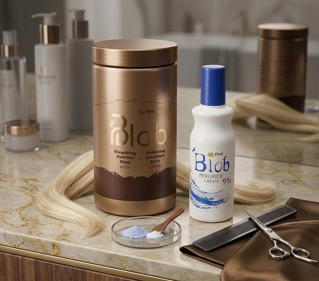 Professional Hair Bleaching Powder for Face, Body and Hair, Brightening Up to 7 Shades, Full Bleaching, 1:2 Mixing Ratio with Oxygen (Blue Blob Powder 450g + Oxygen 100ml)