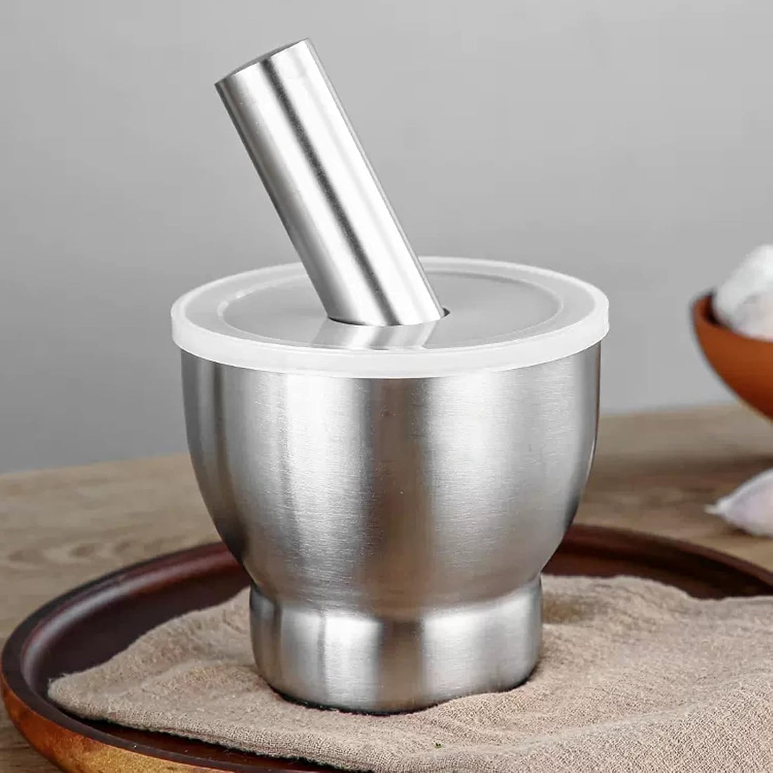 Premium 13cm Stainless Steel Mortar and Pestle Heavy Kitchen Grinder with Lid and Stable Base for Grinding Spices Herbs Garlic and Ginger Effortlessly