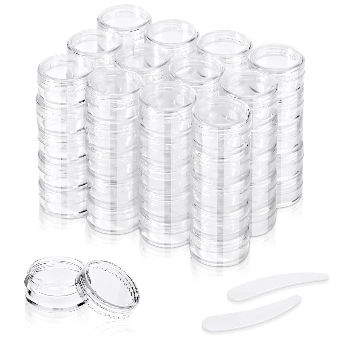 Patelai 120 Plastic Travel Size Jars Plastic Container Jars Round Clear Leak Proof Cosmetic Containers Jars Refillable Storage Jars with Lids and Makeup Spoon (5 ML, Transparent, White)