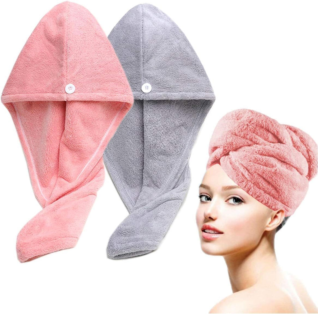 Hair Towel Wrap for Women (2 Pack) Microfiber Turban Quick Drying Super Absorbent with Button for Wet and Dry Hair Red Grey Microfiber