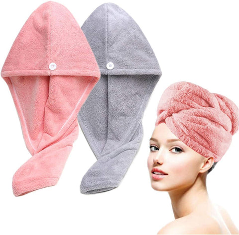 Hair Towel Wrap for Women (2 Pack) Microfiber Turban Quick Drying Super Absorbent with Button for Wet and Dry Hair Red Grey Microfiber