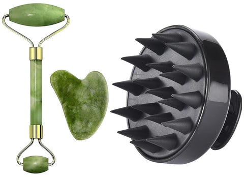 EASYSHOP Facial Massager Jade Roller & Gua Sha Tool Natural Himalayan Stone for Face Neck Healing Skin Wrinkles & Serum Application Hair Scalp Massager combo offer (MULTY COLOURED)