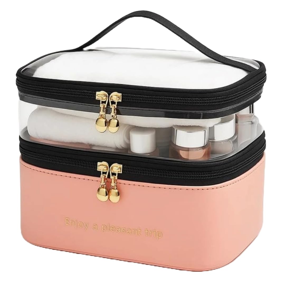 Cosmetic Bag, Double-Level Waterproof Travel Makeup Organizer with Adjustable Dividers, Large Portable Toiletry Case for Women, Multi-Functional Makeup Storage Bag for Home, Vacation, School - Pink