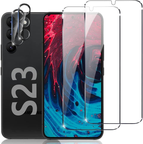 AHYBZN [2+2] pieces Screen Protector Compatible with Samsung Galaxy S23, 6.1 inch HD Tempered Glass and Camera Lens Protector, 9H Protector - Support Fingerprint Unlock - for Galaxy S23