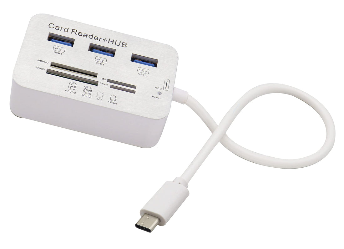 USB Type C 3.0/3.1 Card Reade Adapter Type-c to 3 Port USB 3.0 Hub with Card Reader MSDUO SD(HC) M2 TF(Flash) Multi-in-1 Memory Adapter Cable[0.3m/1ft](White/Type-c)