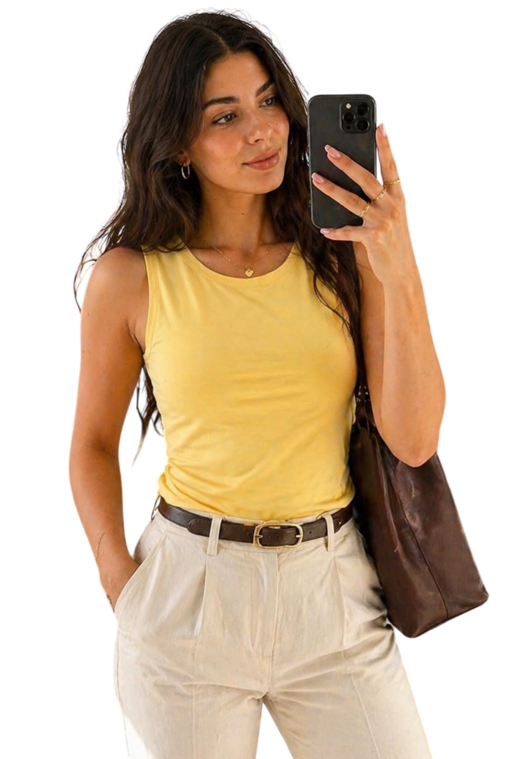 Women's Yellow Sleeveless Tank Top, Scoop Neck, Casual Summer Style, Free Size