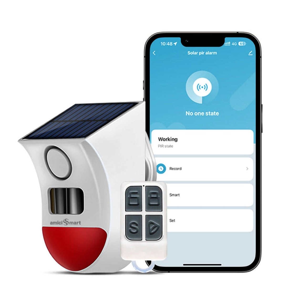 amiciSmart WiFi Motion Sensor Alarm with Solar Charging | SmartLife App Control, 120 dB Siren, PIR Infrared Detector, 110° Wide Angle, IP65 Waterproof Outdoor Security System with Remote Control