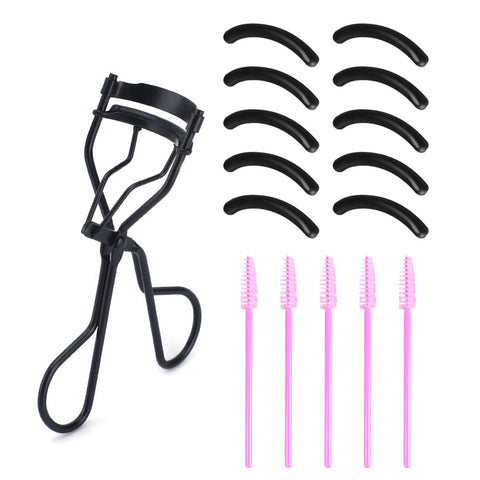 1 Stainless Steel Eyelash Curler, 10 Eyelash Curler Strips, 5 Eyebrow Brushes, Eyelash Booster, Natural Curling Curler, Portable Makeup Tools, Suitable for All Eye Shapes