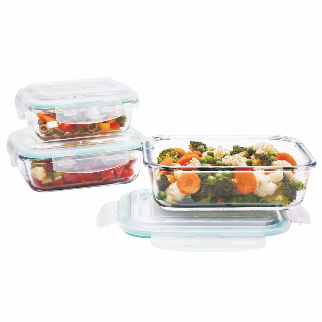 Signoraware Lock 'N' Store High Borosilicate Bakeware Safe Glass Container Rectangular (370ml+640ml+1040ml), Set of 3, Transparent