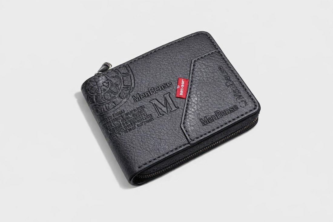 Mens Leather Wallet with Zipper Card Holder Money Holder 11.5x10x3cm (Black)