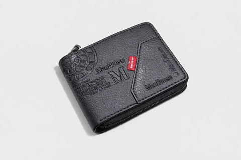 Mens Leather Wallet with Zipper Card Holder Money Holder 11.5x10x3cm (Black)
