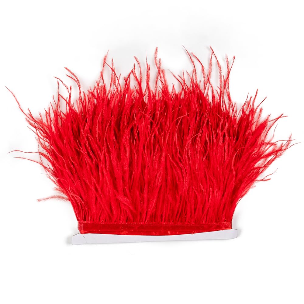 Natural Fluffy Ostrich Feather Trimming Fringe Ribbon for Fascinator Millinery Crafts Wedding Dress Accessories Clothing Sewing Costumes Decoration-Pack of 2 Yards (10-15cm, red)