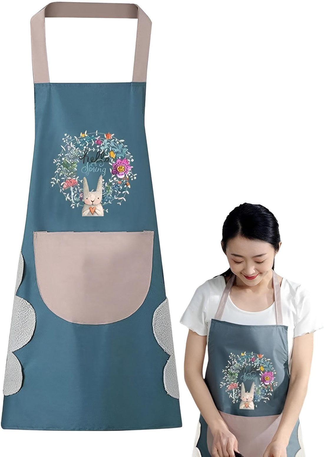 Hand Drying Apron for Kitchen - Stain-Resistant, Waterproof Floral Bunny Pattern, Blue and Pink Colorway with Fully Adjustable Shoulder Straps