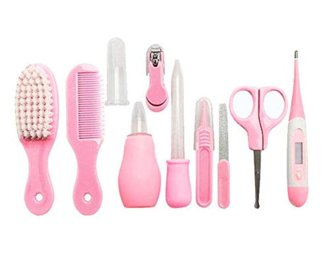 Newborn Baby Grooming Healthcare Kit - Nail Clipper File Scissor Tweezer Thermometer Brush Comb Cleaning Set (Pink) - 10 Piece
