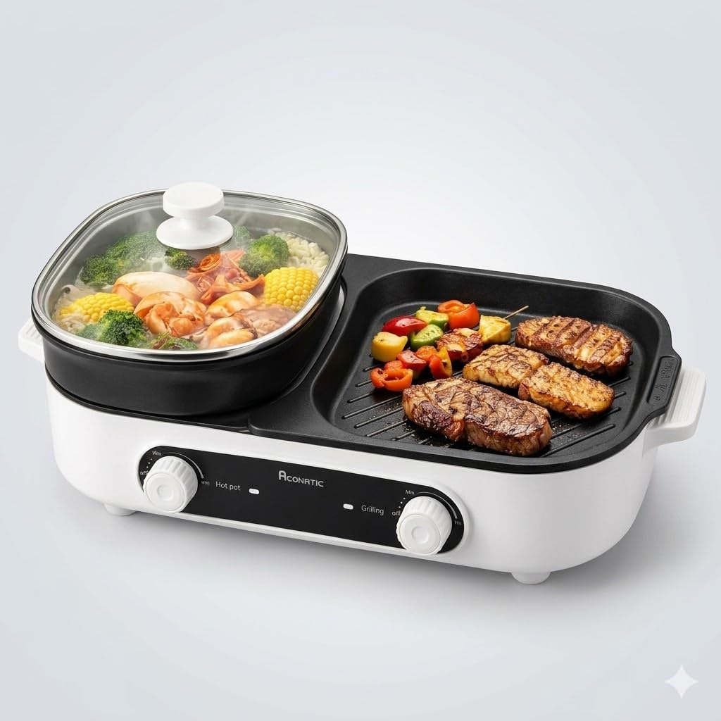 2-in-1 Electric Grill & Hot Pot – 1500W Non-Stick Multifunction Cooker with Dual Temperature Control – Indoor Grill for Frying, Boiling & Steaming – Healthy Low-Oil Cooking – Portable Electric Pan