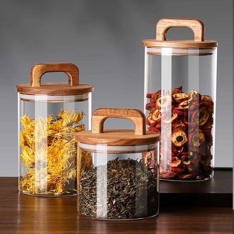 Clear Glass Jar with Natural Wooden Lid – Stylish Storage Container for Tea, Flowers & Kitchen Use (800ml)