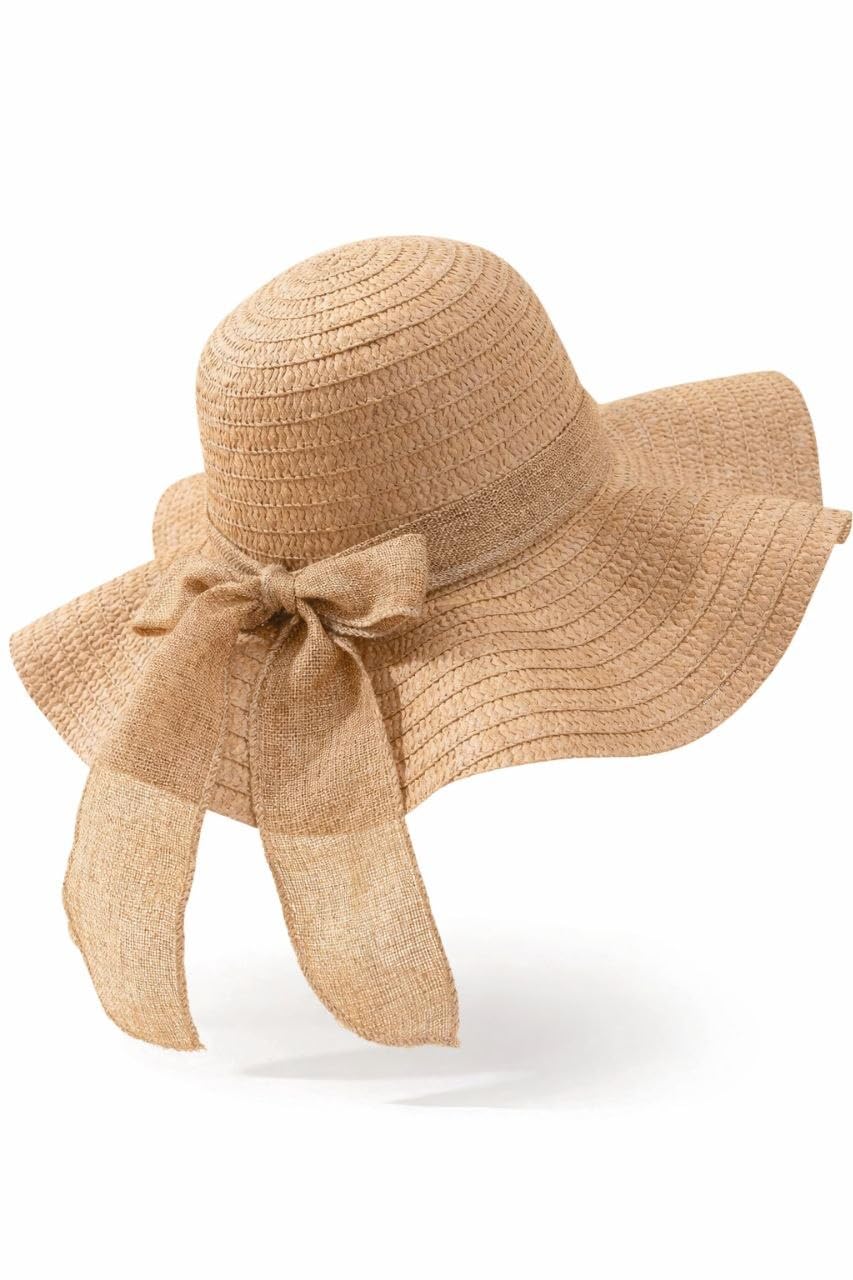 1pc Ladies' Khaki Wave Striped Bowknot Beach Hat, Elegant And Sun-Protected For Beach Vacation