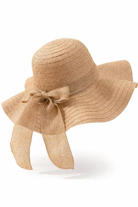 1pc Ladies' Khaki Wave Striped Bowknot Beach Hat, Elegant And Sun-Protected For Beach Vacation