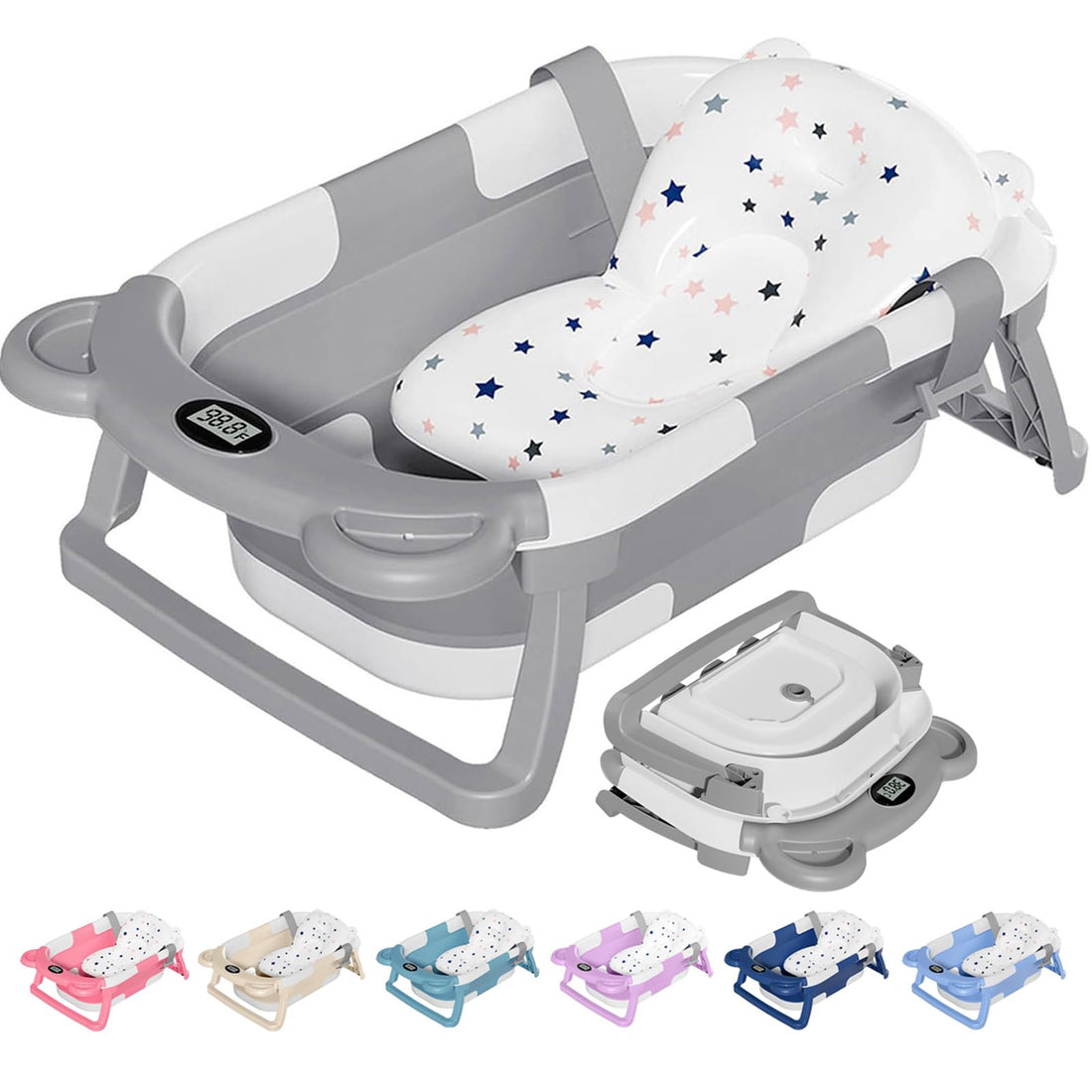 TPN Collapsible Baby Bathtub with Soft Cushion & Real-Time Thermometer Monitor, Foldable Infant to Toddler Tub (0-36 Months), Portable for Travel & Home Use