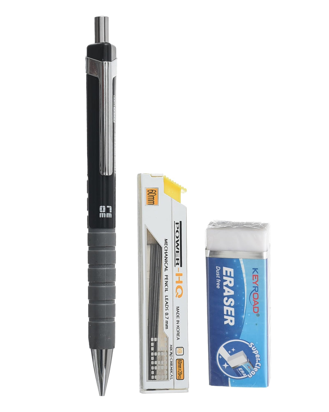 Extra Line Black Mechanical Pencil Set - 0.7mm + Micro HB Leads Tube + Keyroad Super Clean Large White Eraser - Black