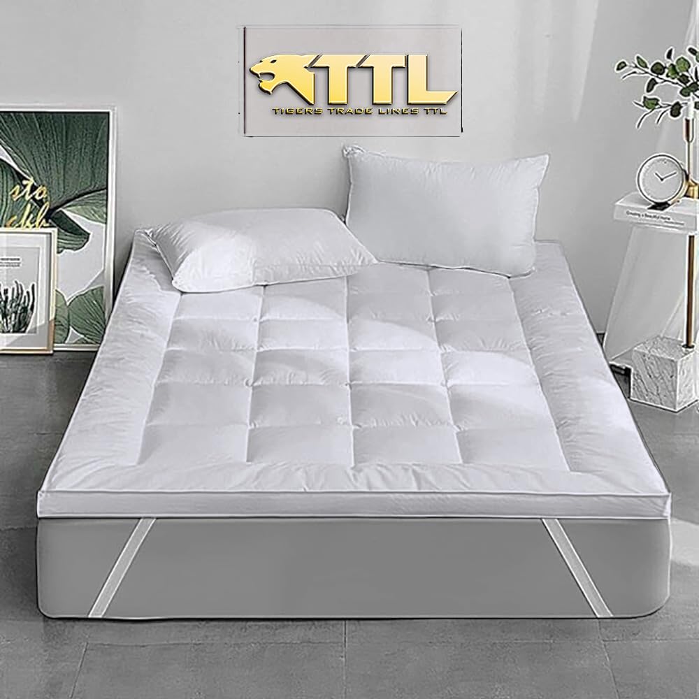 Tigers Trade Lines Super Soft Fiber Mattress Topper for Single and Master Beds - High-Quality Egyptian Cotton - 5cm Thickness - 3 Piece Set (White, (160cm*200cm for (Master Bed)