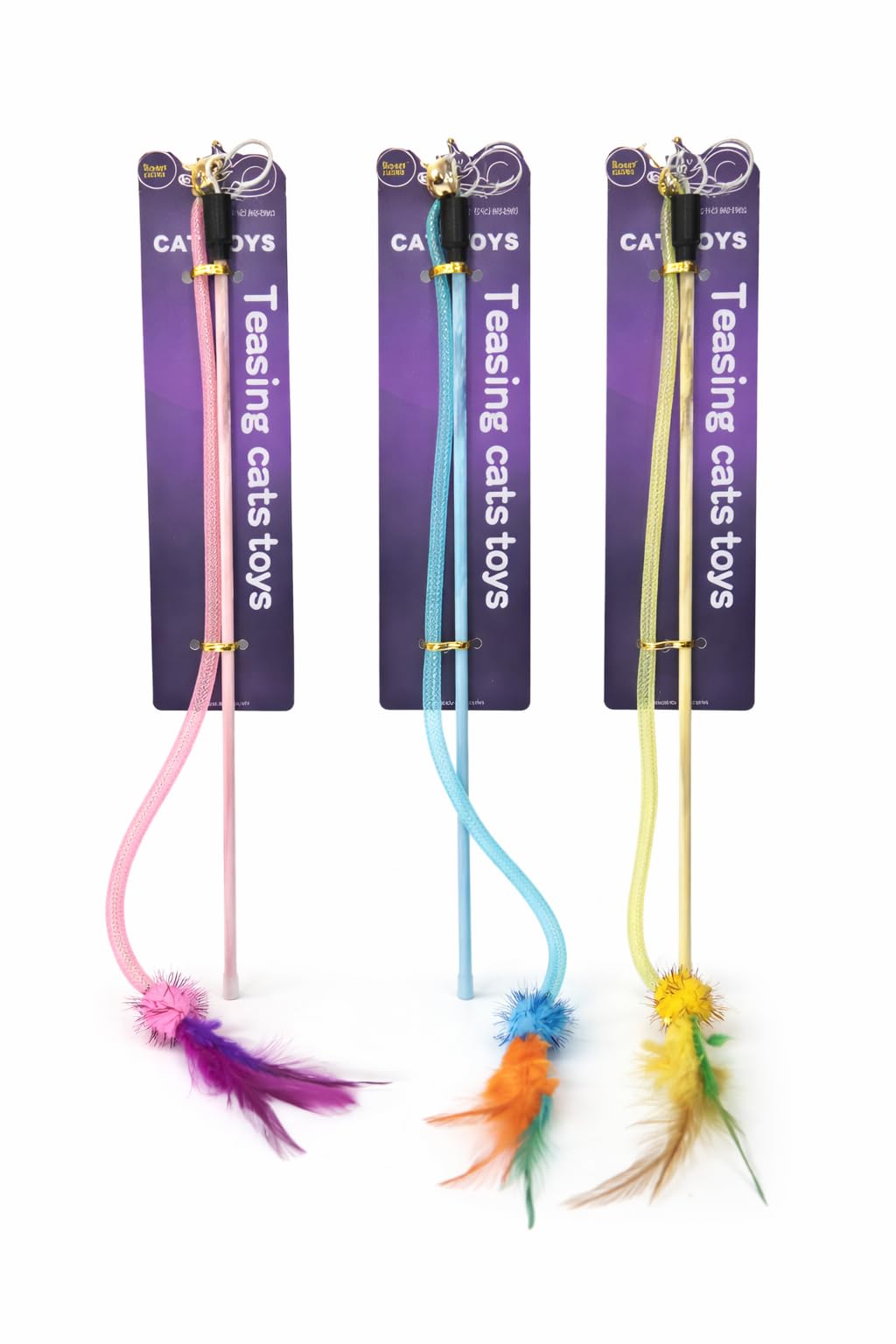 Cat Teaser Toy with Feathers and Bells, Pastel Colors, Interactive Wand Toy (Pink)