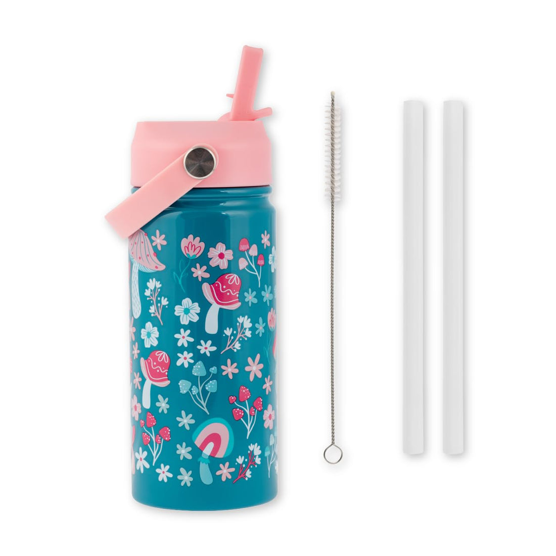Stephen Joseph, Insulated Stainless Steel Water Bottle with Straw and Handle for Sports, Travel, and School, BPA-Free Sports Water Bottle, Mushroom