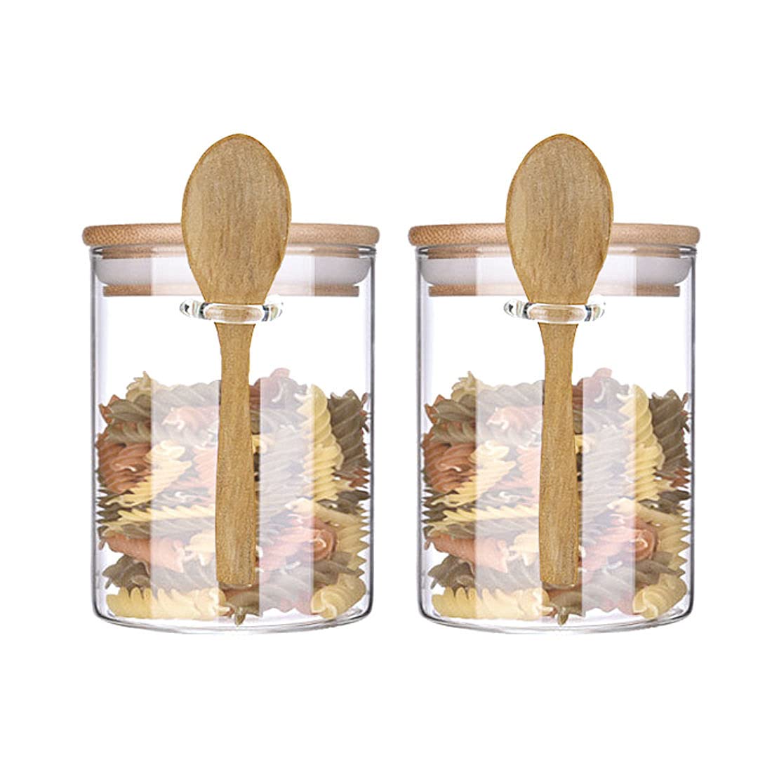 Glass Jar Containers with Bamboo Airtight Lid Wooden Spoon Scoop Food Storage Canister Clear Glass Containers Kitchen Organization Jars 2 Pcs 450ML