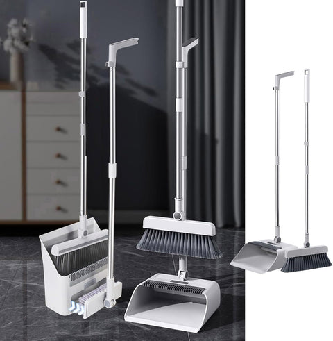 Atromans Broom and Dustpan Set with floor brush, 3-in-1 household cleaning kit with 180°Rotating Head and Dustpan Teeth, Upright storage Broom Set for Home Kitchen Bathroom Office Living Room