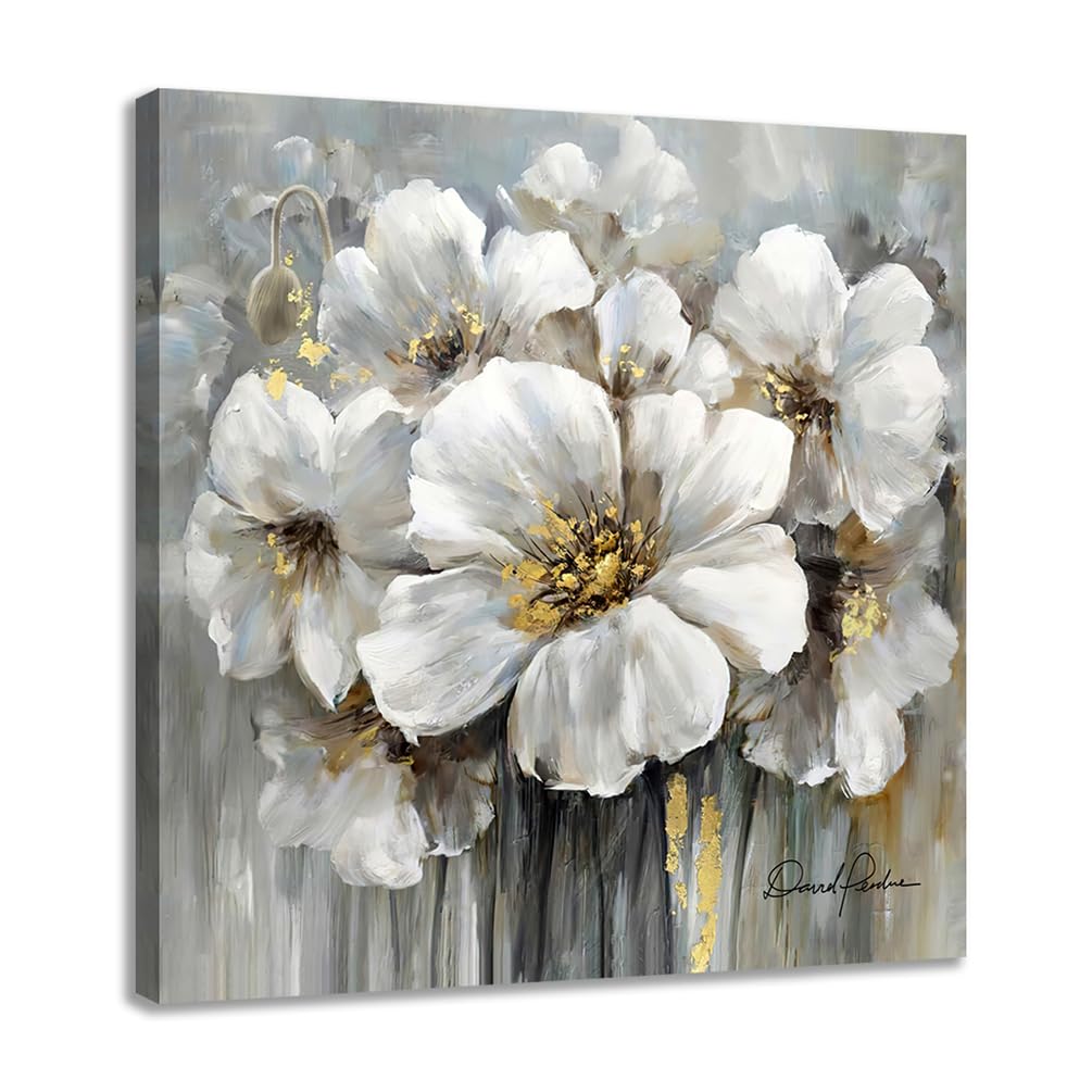 Woxfcart Living Room Flowers Canvas Wall Art, White Floral Painting with Gold Decoration for Gray Home Office Bedroom Decor 36 x 36 Inch