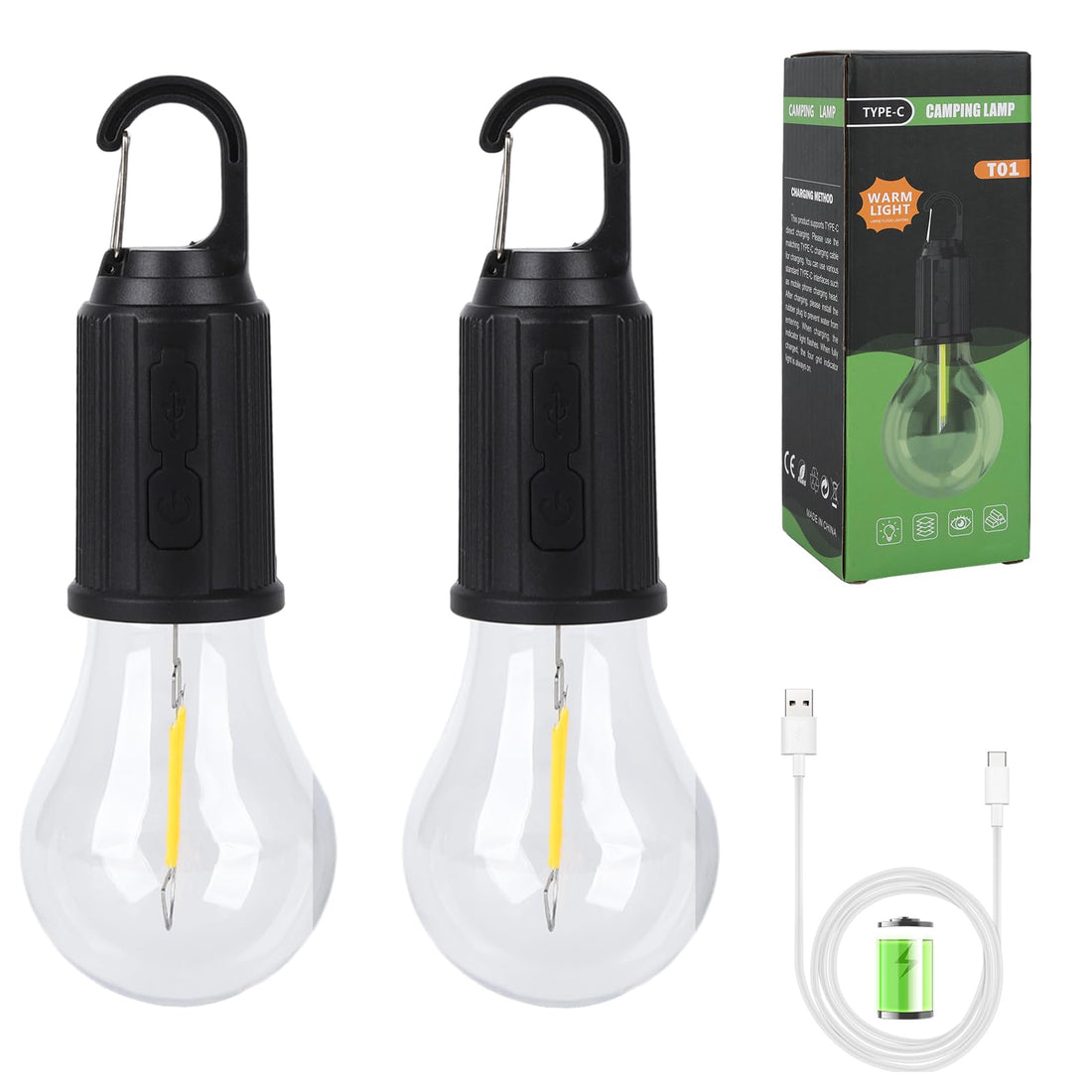 Fadcaer Rechargeable Camping Lights for Tents, 2 Pack Retro LED Camping Tent Lantern 3 Lighting Modes Tent Lamp Portable Emergency Camping Lights with Clip Hook for Camping Hiking Fishing, Backpacking