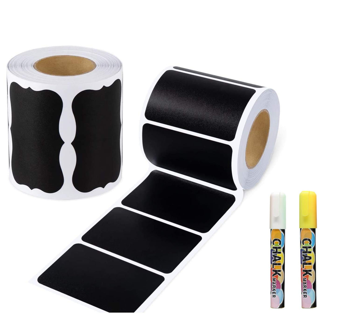 DELFINO Chalkboard Labels, 300Pcs Chalkboard Labels, Waterproof Reusable Blackboard Stickers with 2 Liquid Chalk Makers (White+Yellow), Removable Label Stickers for Home and Office Pantry Label