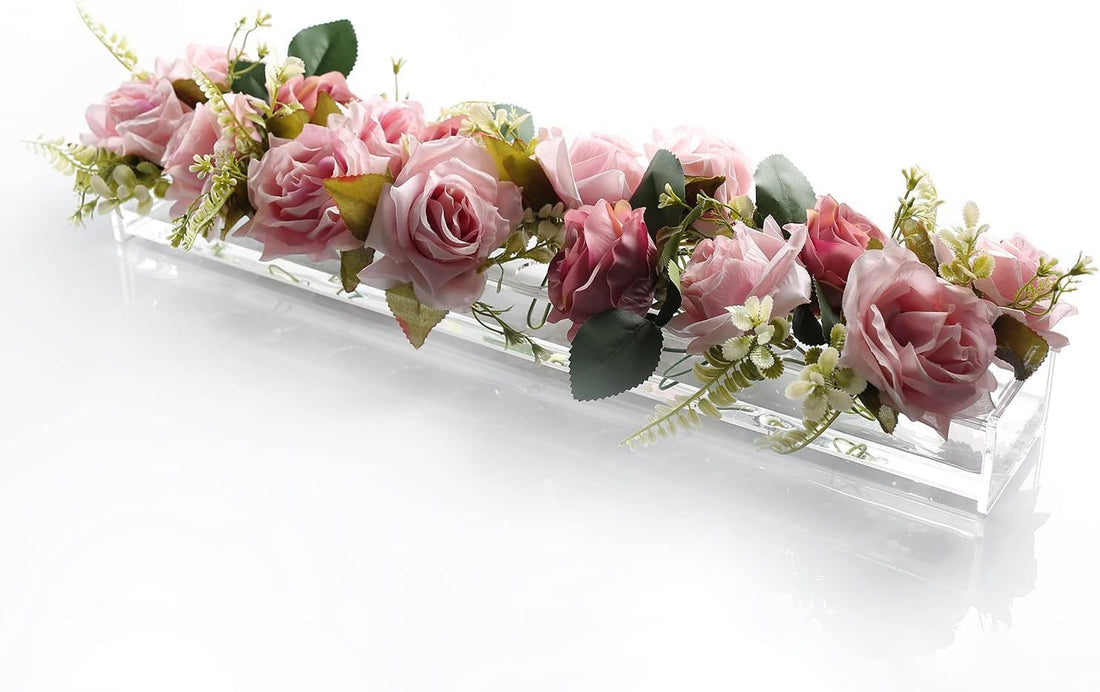 Rectangular Floral Centerpiece for Dining Table - 24 Inches Long Rectangular Vase - Acrylic Modern Vase - Low Floral Vases for Centerpieces for Home Decor Weddings (Clear)