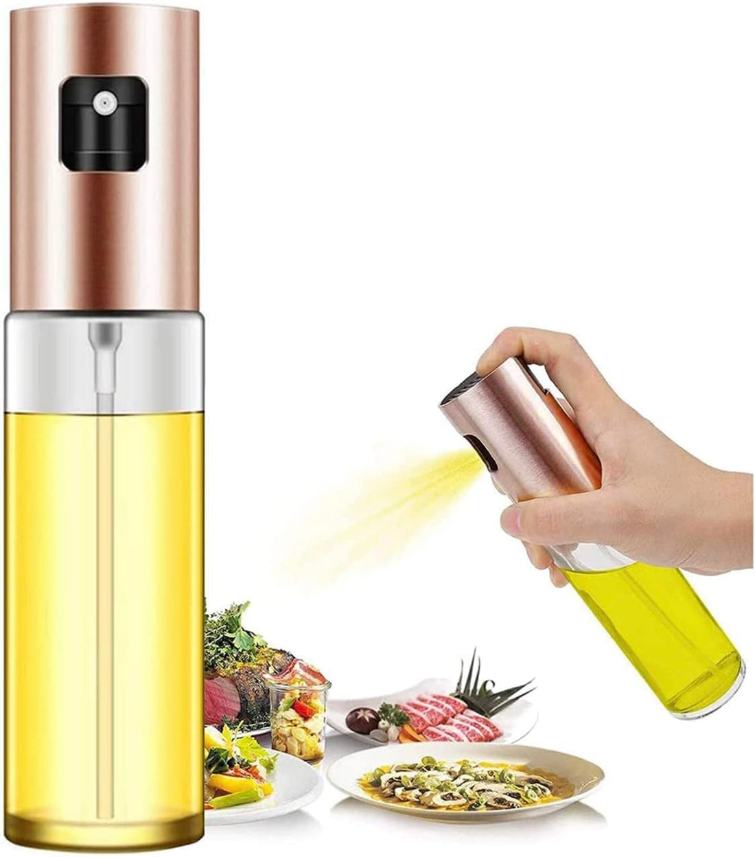 olive oil sprayer for cooking, 100ml glass food oil sprayer for cooking, air pan, kitchen olive oil spray bottle oil for bbq salad, baking bbq (Rose gold)