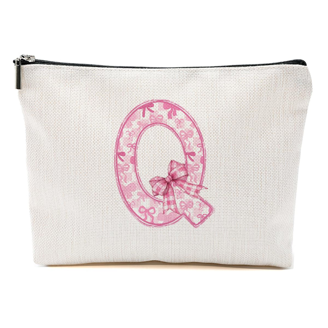 A-Z Alphabet Makeup Bag for Women, Coquette Bow Letter Travel Organizer Cosmetic Bag with Zipper, Christmas Gifts, Q, 9.62 * 7.42 Inches