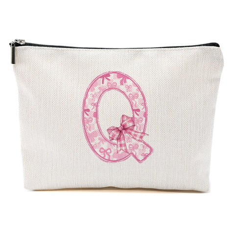 A-Z Alphabet Makeup Bag for Women, Coquette Bow Letter Travel Organizer Cosmetic Bag with Zipper, Christmas Gifts, Q, 9.62 * 7.42 Inches