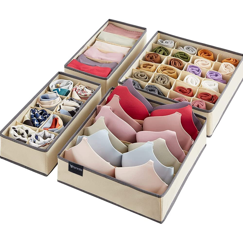 STORESLA 4PCs/Set Collapsible Storage Boxes Closet Organizer For Necktie Bra Sock Underwear Organizer Drawer Divider (Beige)