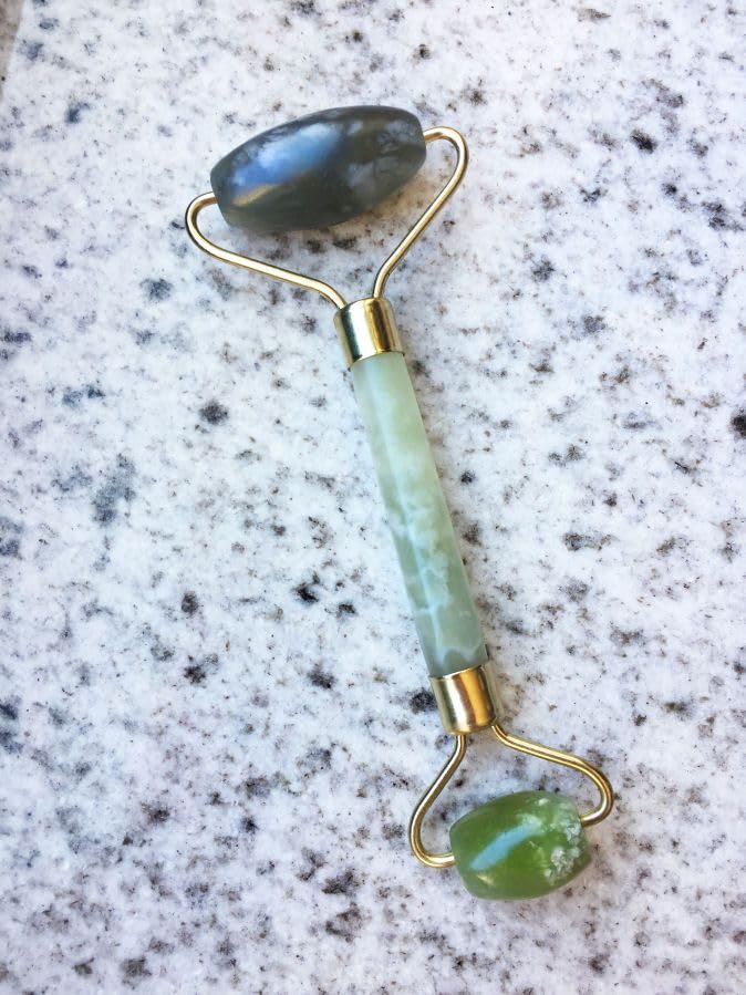 Roller for Face, Dual-Ended Natural Stone Facial Massager, Green with Gold Accents