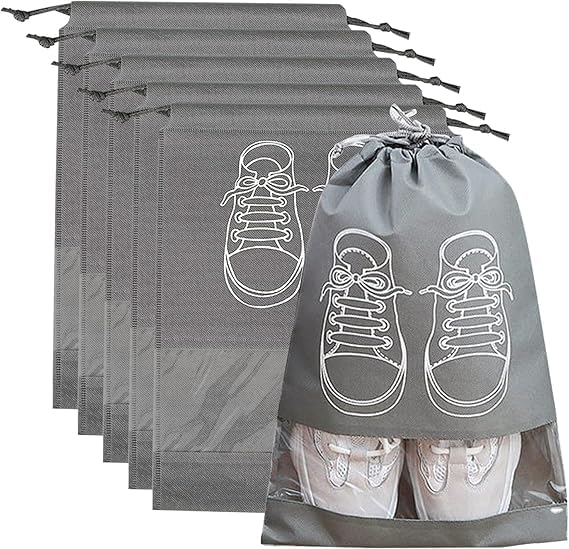 Pack of Large Travel Shoe Bags with Transparent Window – Dustproof, Drawstring Non-Woven Storage Bags for Men & Women, Gray, 44x32 cm (20)