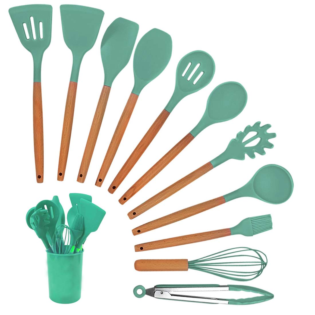 Whitecloud TRANSFORMING HOMES® Wooden Handle Silicone Cooking Spoon Set High Temperature Resistant Silicone Spatula Kitchen Utensils (Sea Green, 12 Pieces)