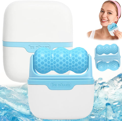 2-in-1 Ice Roller for Face Skin Care Tool Personal Skin Cooling Ice Derma Roller Therapy Tools, Cold Facial Ice Roller Massager for Eye Puffiness, Migraine, TMJ Pain Relief & Minor Injury (BLUE)