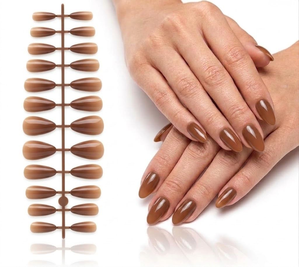 24 pc Press on Nails MIRROR OVAL Fake Nail Tips Nude Acrylic Nails Press ons Nail Almond Short Stiletto False Nail French Artificial with one sheet double face (N9)