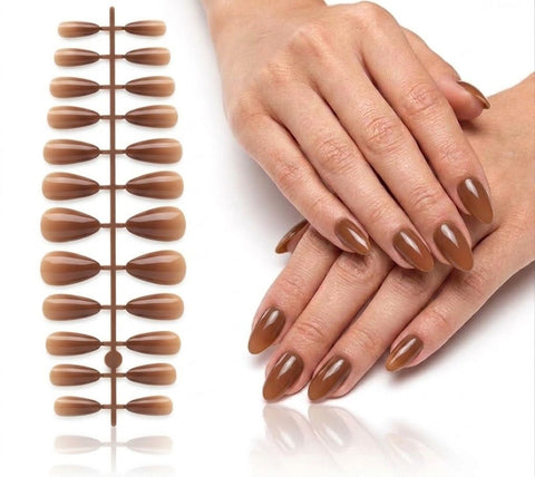24 pc Press on Nails MIRROR OVAL Fake Nail Tips Nude Acrylic Nails Press ons Nail Almond Short Stiletto False Nail French Artificial with one sheet double face (N9)