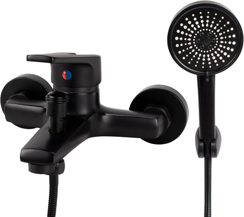 Bathroom Mixer Tap (Bathroom Mixer Tap with Hand Shower 5 Spray Modes, Wall Mounted Shower Mixer, Matte Black)