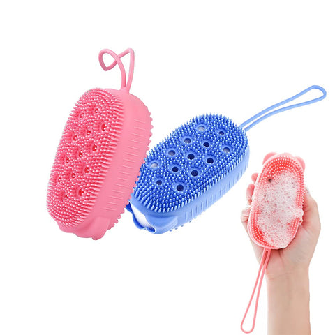 DI QIU REN 2 Pack Exfoliating Silicone Body Scrubbers, Doubled-Sided Shower Bath Loofah Sponge for Use in Shower，SPA Massage Skin Care Tool for Baby Kids Men Women Family (Blue-Pink)