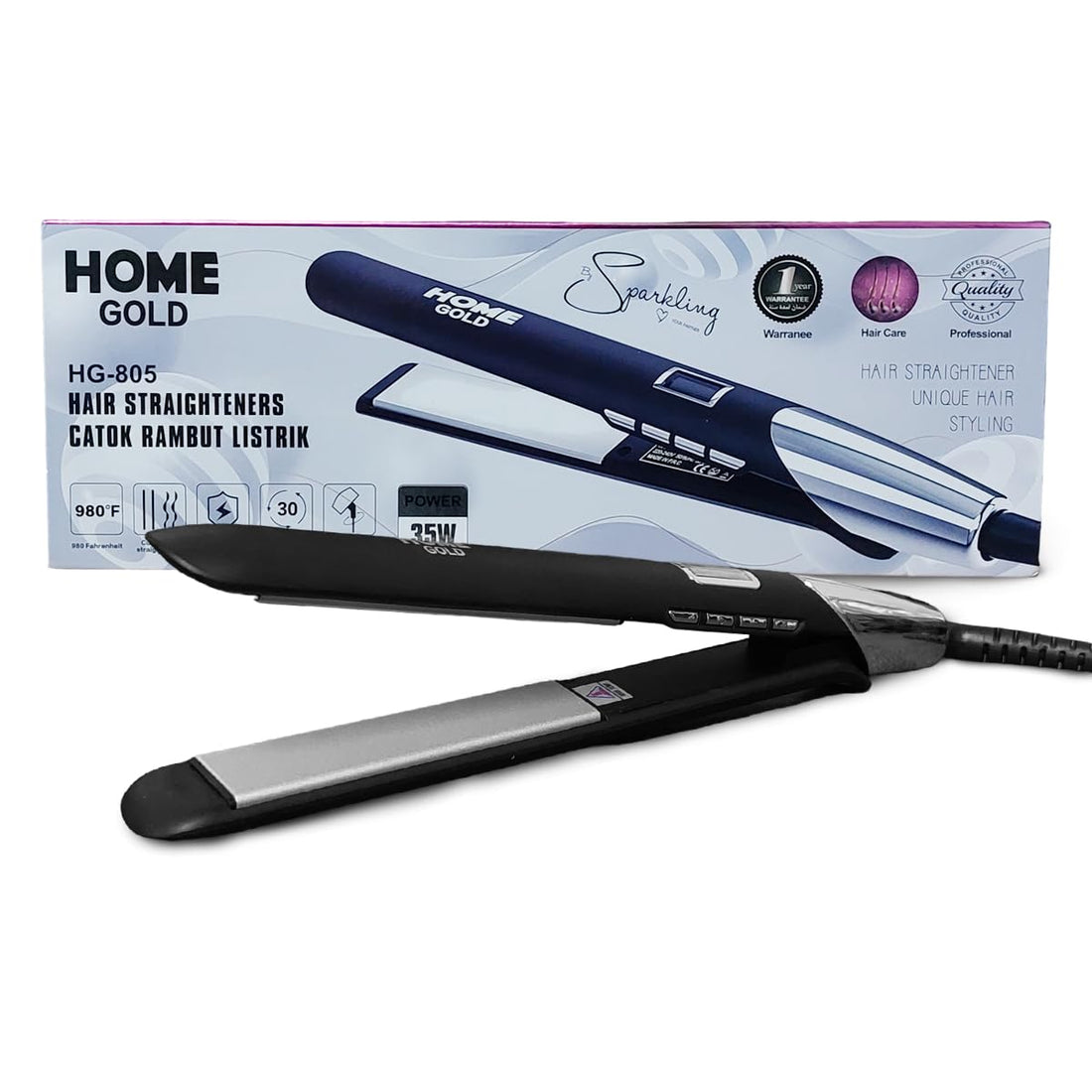 HOME GOLD Hair Straightener, Salon-Quality Styling with 980°F Heat, Perfect for Curly and Straight Hair, Rapid 30-Second Heat-Up, and 360° Rotating Cord, 35W, HG-805 (Black)