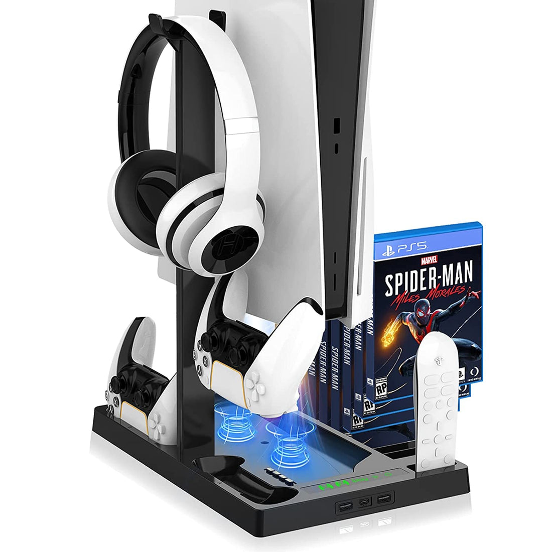 WormeKite Vertical Stand with Headphone Stand and Cooling Fan Base for PS5 Console/Digital Edition, 2 Controller Chargers, 15 Gaming Disk Slots, 3 USB Hubs, and 1 Remote Media Storage